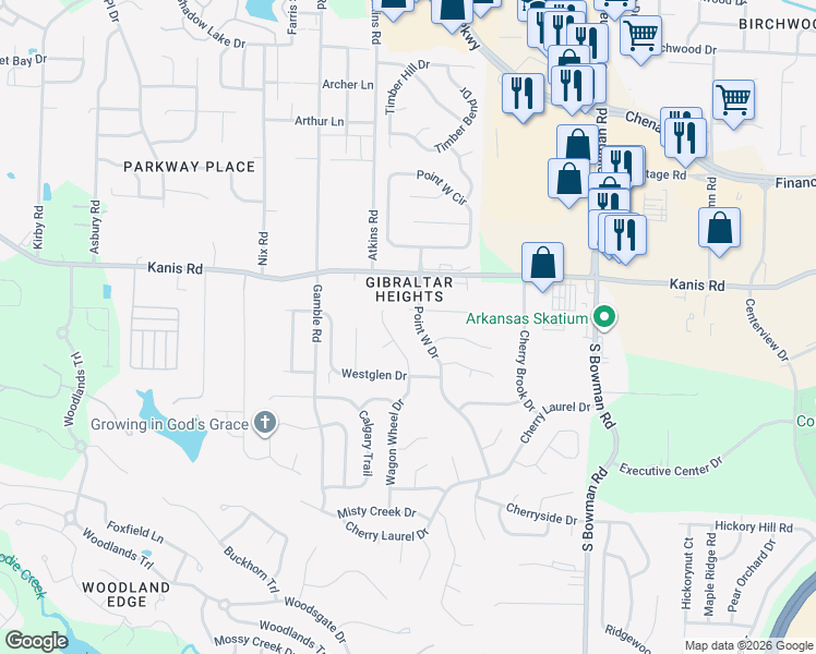 map of restaurants, bars, coffee shops, grocery stores, and more near 11 Wagon Wheel Court in Little Rock