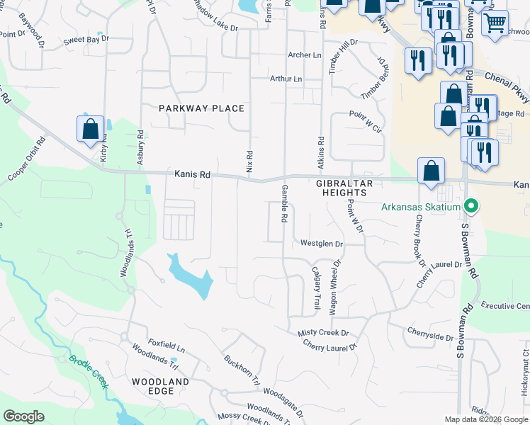 map of restaurants, bars, coffee shops, grocery stores, and more near 1400 Westhampton Drive in Little Rock