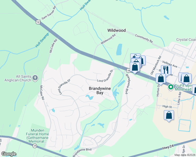 map of restaurants, bars, coffee shops, grocery stores, and more near 904 Lord Granville Drive in Morehead City