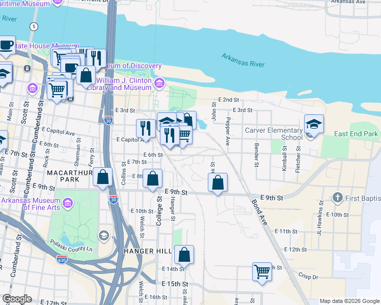 map of restaurants, bars, coffee shops, grocery stores, and more near 1302 East 6th Street in Little Rock