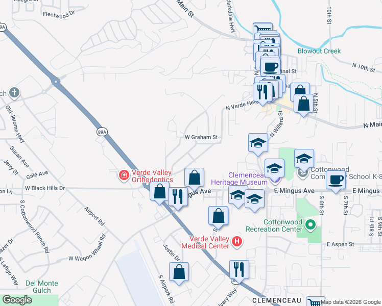 map of restaurants, bars, coffee shops, grocery stores, and more near 141 North Verde Heights Drive in Cottonwood