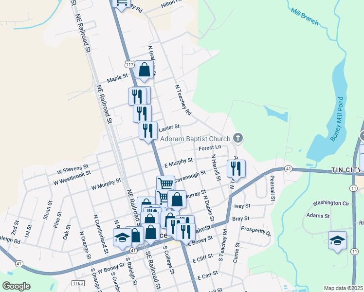map of restaurants, bars, coffee shops, grocery stores, and more near 414 East Westbrook Street in Wallace