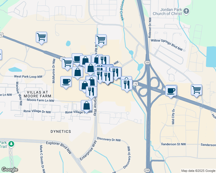 map of restaurants, bars, coffee shops, grocery stores, and more near 6125 University Drive Northwest in Huntsville