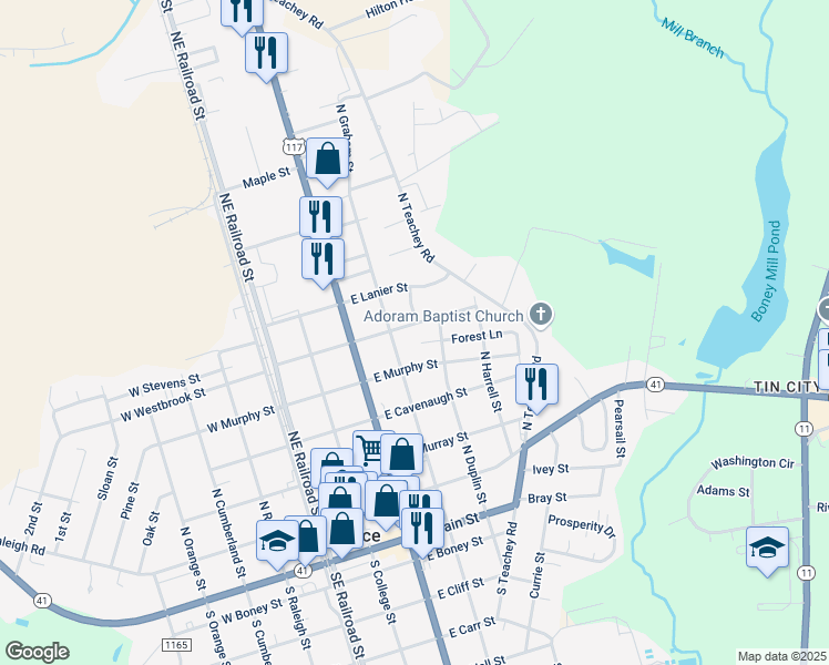 map of restaurants, bars, coffee shops, grocery stores, and more near 414 East Westbrook Street in Wallace