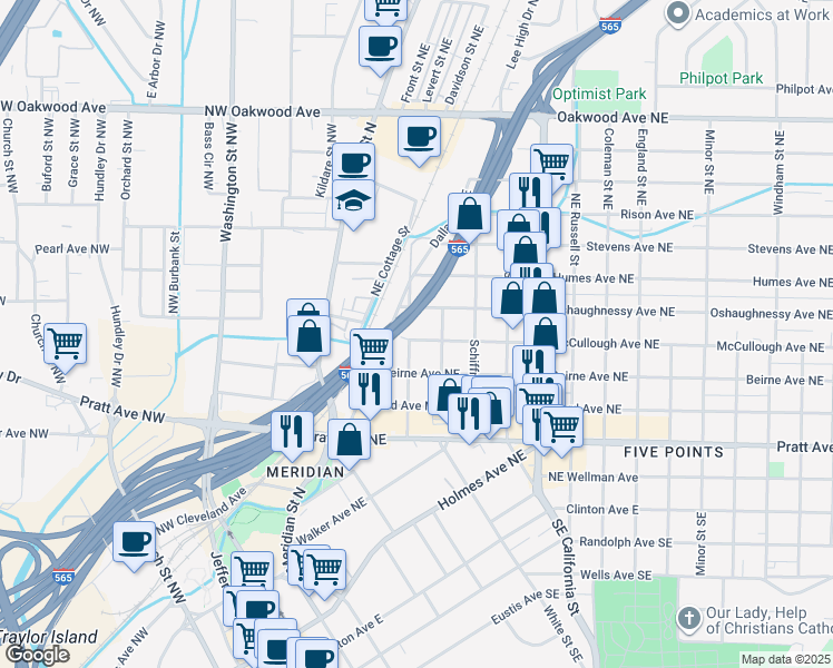map of restaurants, bars, coffee shops, grocery stores, and more near 300 McCullough Avenue Northeast in Huntsville