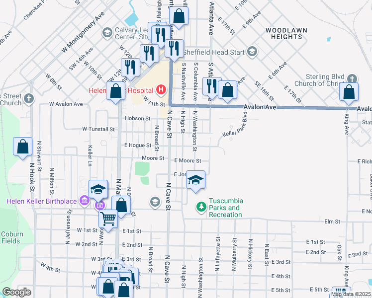 map of restaurants, bars, coffee shops, grocery stores, and more near 601-699 East Moore Street in Tuscumbia