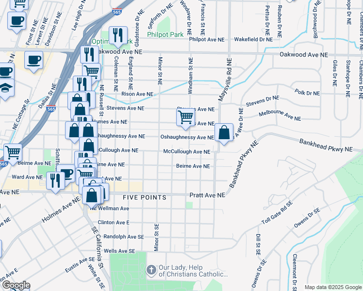 map of restaurants, bars, coffee shops, grocery stores, and more near 1422 McCullough Avenue Northeast in Huntsville