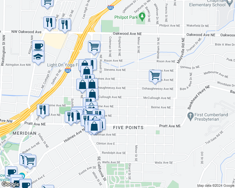 map of restaurants, bars, coffee shops, grocery stores, and more near 1106 McCullough Avenue Northeast in Huntsville
