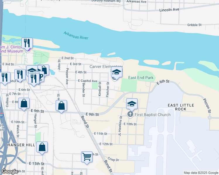 map of restaurants, bars, coffee shops, grocery stores, and more near 606 Fletcher Street in Little Rock