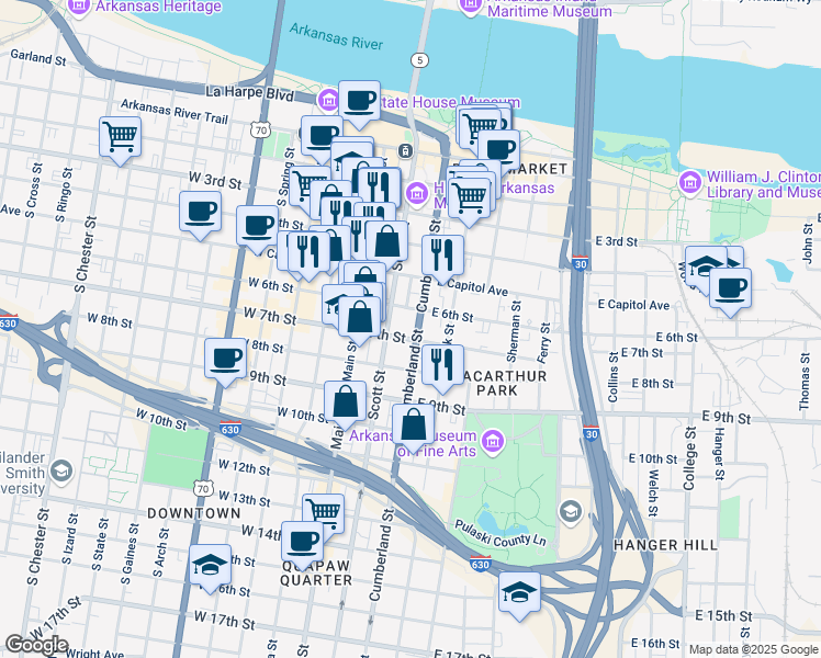 map of restaurants, bars, coffee shops, grocery stores, and more near in Little Rock