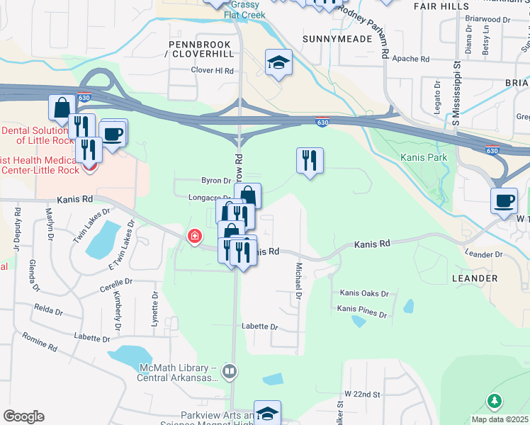 map of restaurants, bars, coffee shops, grocery stores, and more near 1202 Rose Street in Little Rock