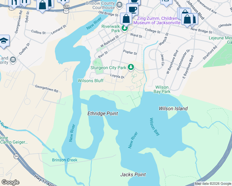 map of restaurants, bars, coffee shops, grocery stores, and more near 97 Shoreline Drive in Jacksonville
