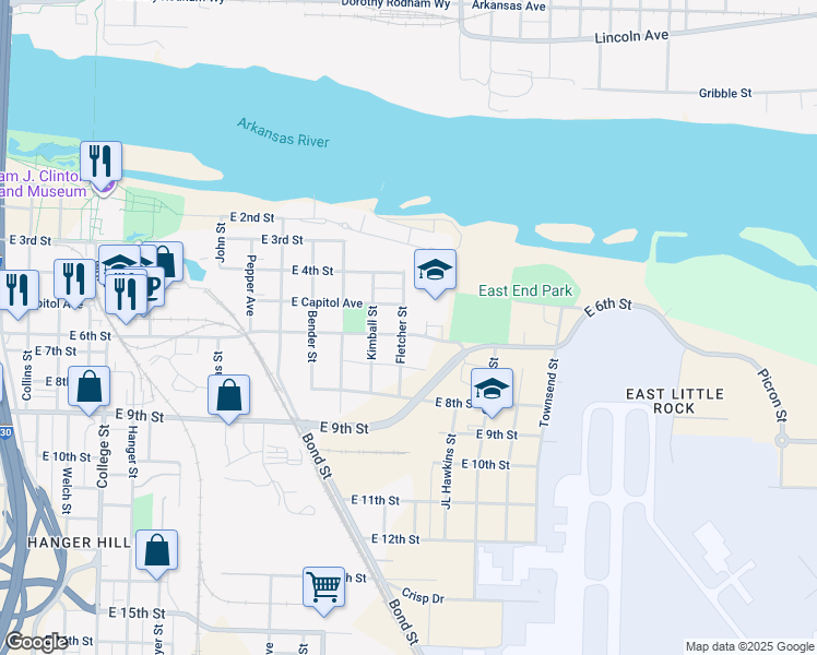 map of restaurants, bars, coffee shops, grocery stores, and more near 2100 East 6th Street in Little Rock