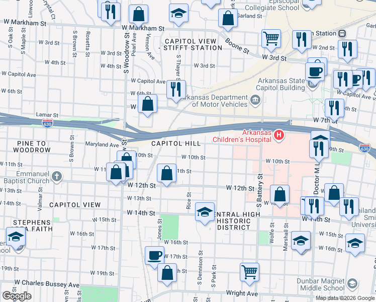 map of restaurants, bars, coffee shops, grocery stores, and more near 813 Rice Street in Little Rock