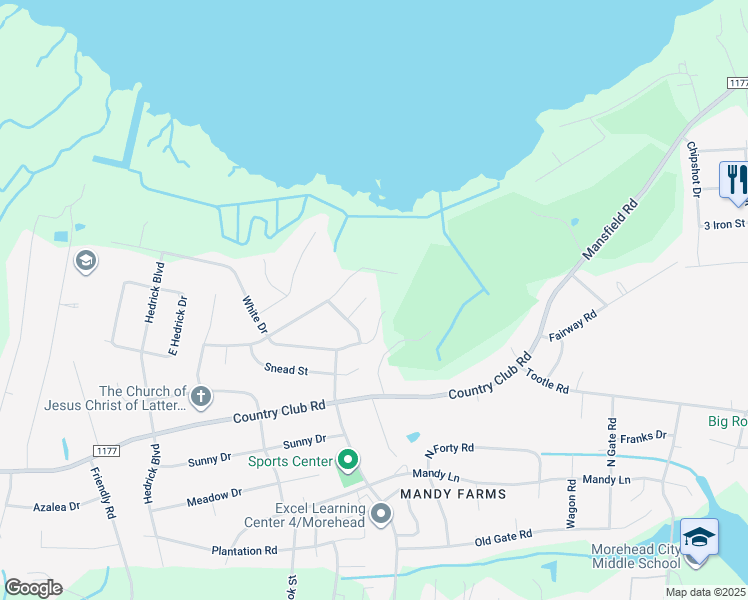 map of restaurants, bars, coffee shops, grocery stores, and more near 3305 Player Lane in Morehead City