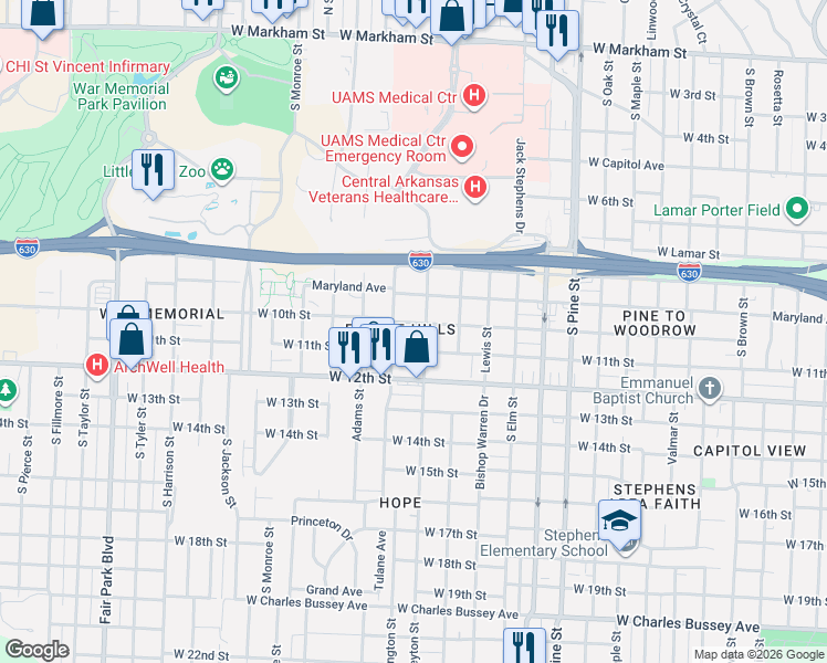 map of restaurants, bars, coffee shops, grocery stores, and more near 4426 West 10th Street in Little Rock