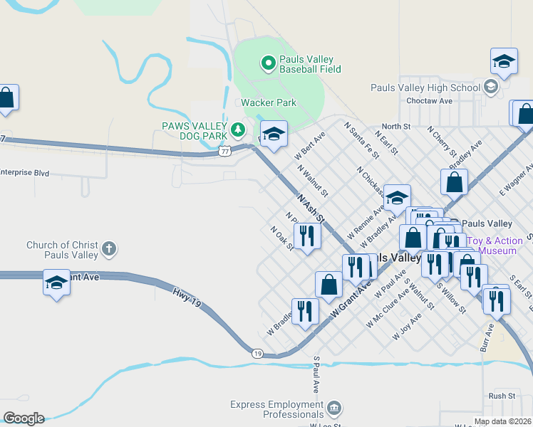 map of restaurants, bars, coffee shops, grocery stores, and more near 823 North Pine Street in Pauls Valley