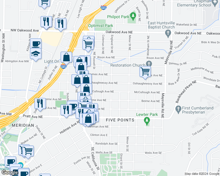 map of restaurants, bars, coffee shops, grocery stores, and more near 609 England Street Northeast in Huntsville