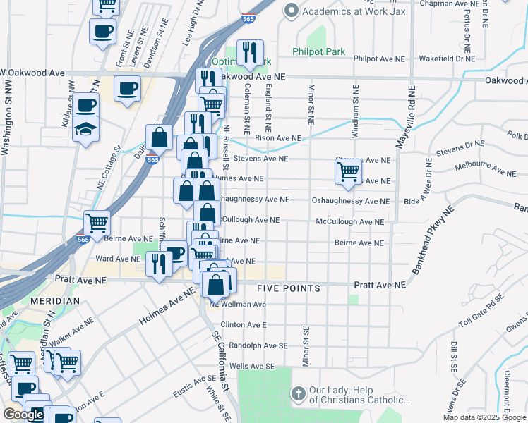 map of restaurants, bars, coffee shops, grocery stores, and more near 1105 Oshaughnessy Avenue Northeast in Huntsville
