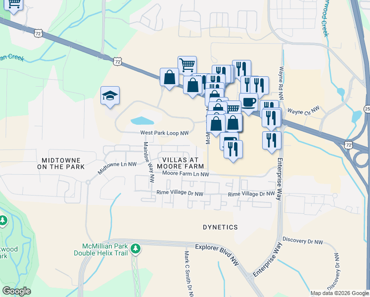 map of restaurants, bars, coffee shops, grocery stores, and more near 275 West Park Loop Northwest in Huntsville