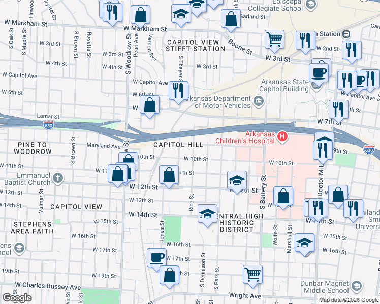 map of restaurants, bars, coffee shops, grocery stores, and more near 813 Rice Street in Little Rock