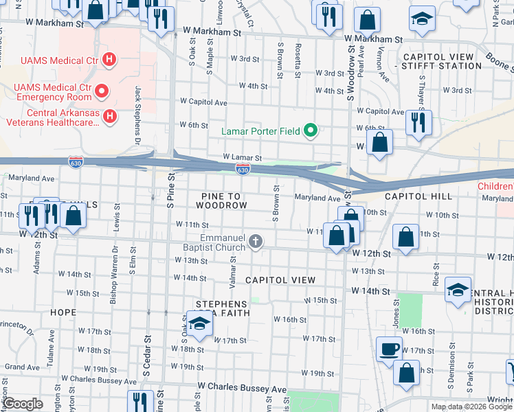 map of restaurants, bars, coffee shops, grocery stores, and more near 822 South Martin Street in Little Rock