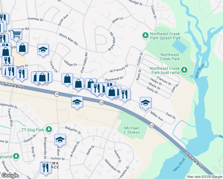 map of restaurants, bars, coffee shops, grocery stores, and more near 108 Persimmon Court in Jacksonville