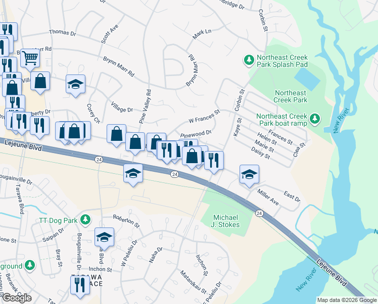 map of restaurants, bars, coffee shops, grocery stores, and more near 108 Persimmon Court in Jacksonville