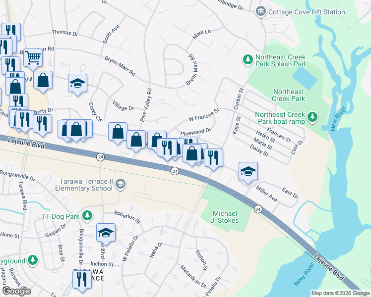 map of restaurants, bars, coffee shops, grocery stores, and more near 154 Cornerstone Place in Jacksonville