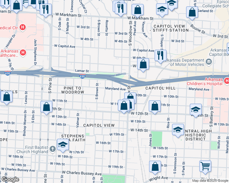 map of restaurants, bars, coffee shops, grocery stores, and more near 3004 Maryland Avenue in Little Rock