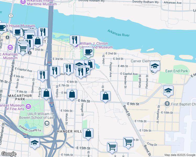 map of restaurants, bars, coffee shops, grocery stores, and more near 1501 East 4th Street in Little Rock