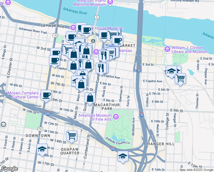 map of restaurants, bars, coffee shops, grocery stores, and more near 601 Rock Street in Little Rock