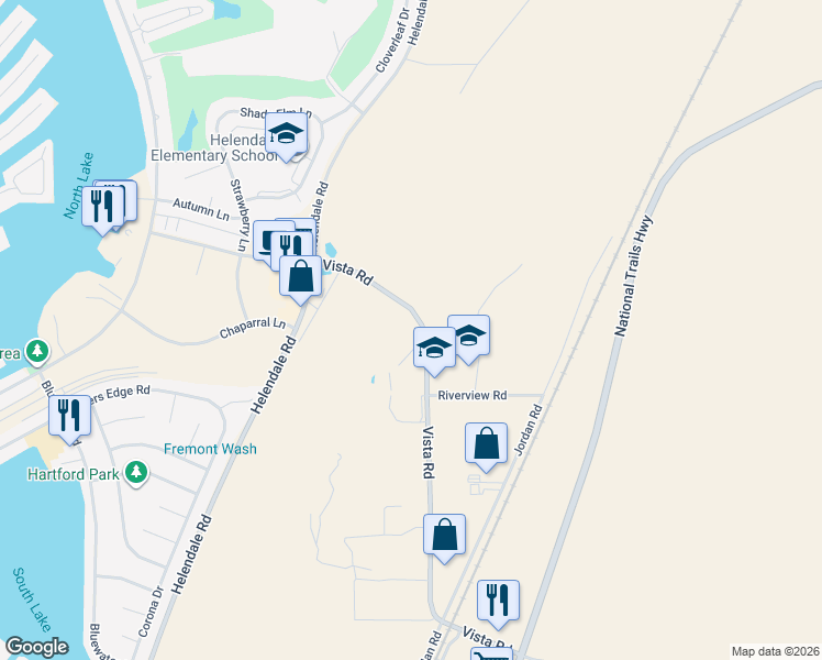 map of restaurants, bars, coffee shops, grocery stores, and more near 26900 Vista Road in Helendale