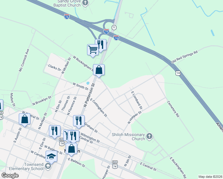 map of restaurants, bars, coffee shops, grocery stores, and more near 207 East Rockingham Road in Maxton
