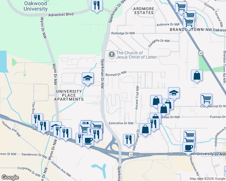 map of restaurants, bars, coffee shops, grocery stores, and more near 1500 Halston Circle Northwest in Huntsville