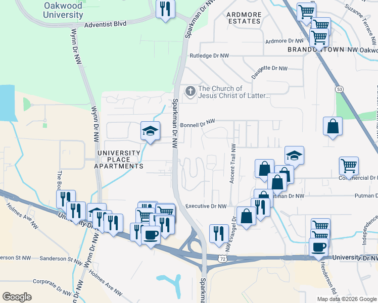 map of restaurants, bars, coffee shops, grocery stores, and more near 1501 Halston Circle Northwest in Huntsville
