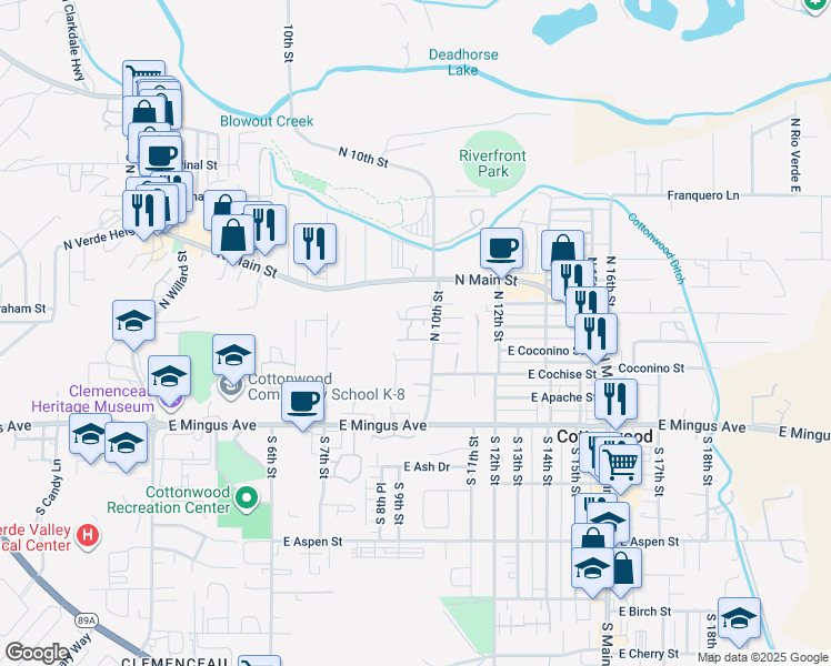map of restaurants, bars, coffee shops, grocery stores, and more near 330 North 10th Street in Cottonwood