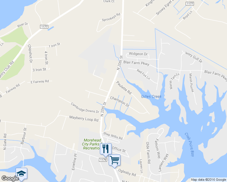 map of restaurants, bars, coffee shops, grocery stores, and more near 1402 North 20th Street in Morehead City