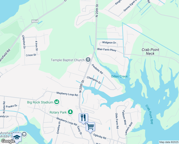 map of restaurants, bars, coffee shops, grocery stores, and more near 1402 North 20th Street in Morehead City
