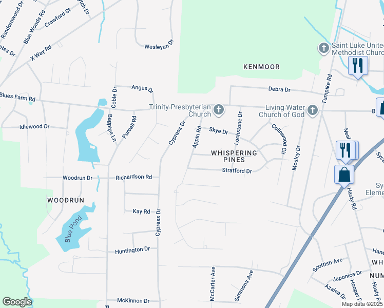 map of restaurants, bars, coffee shops, grocery stores, and more near Appin Road in Laurinburg