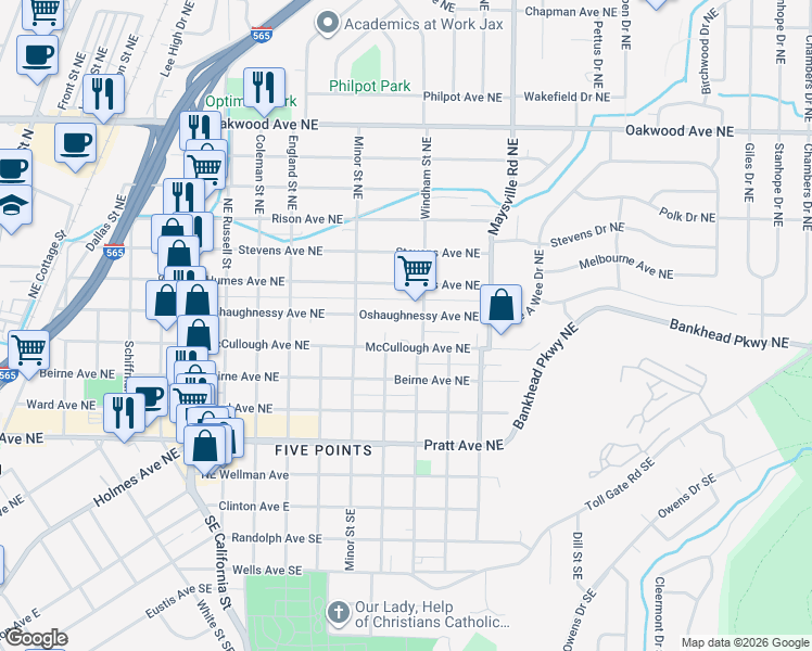 map of restaurants, bars, coffee shops, grocery stores, and more near 1445 Oshaughnessy Avenue Northeast in Huntsville