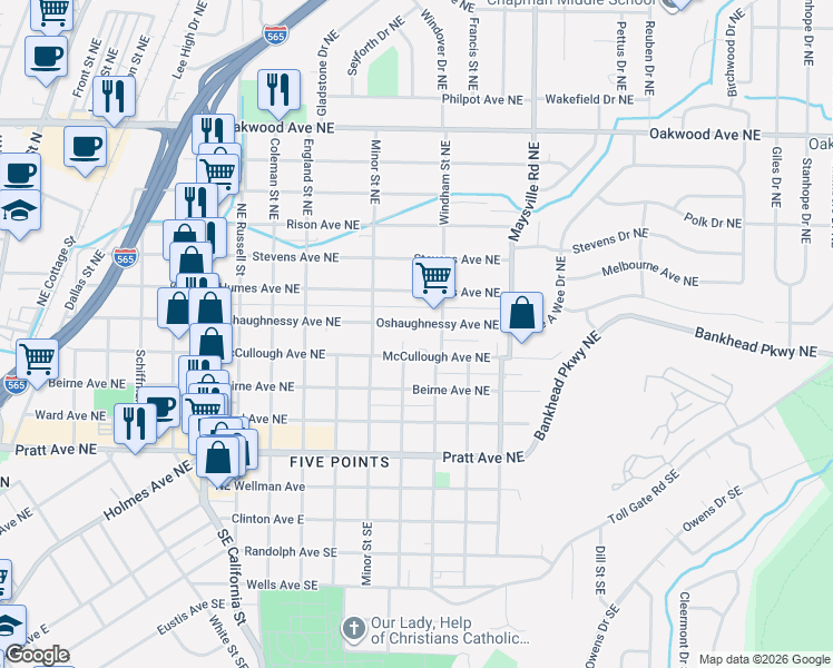 map of restaurants, bars, coffee shops, grocery stores, and more near 1445 Oshaughnessy Avenue Northeast in Huntsville