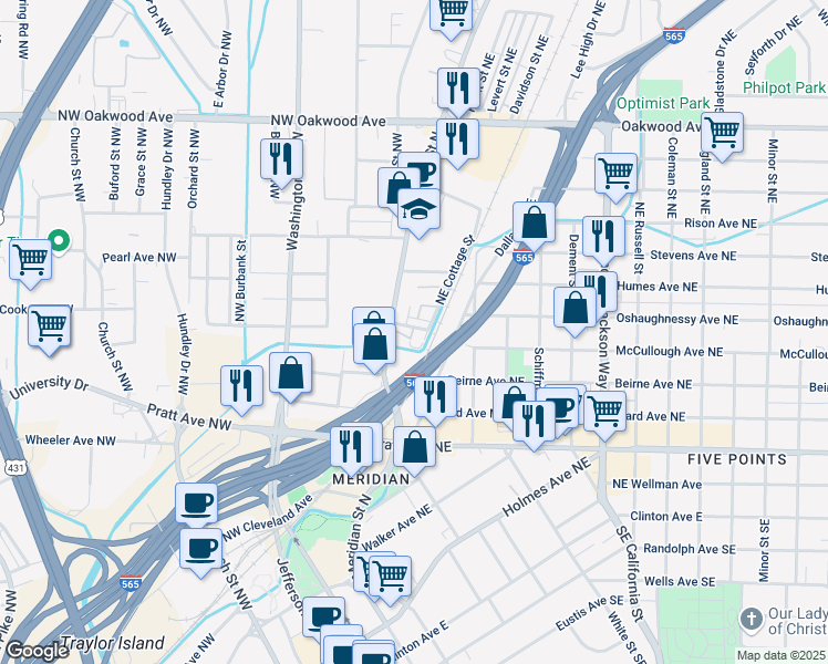 map of restaurants, bars, coffee shops, grocery stores, and more near 1002 Meridian Street North in Huntsville