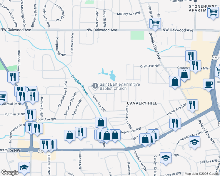 map of restaurants, bars, coffee shops, grocery stores, and more near 3006 Turf Avenue Northwest in Huntsville