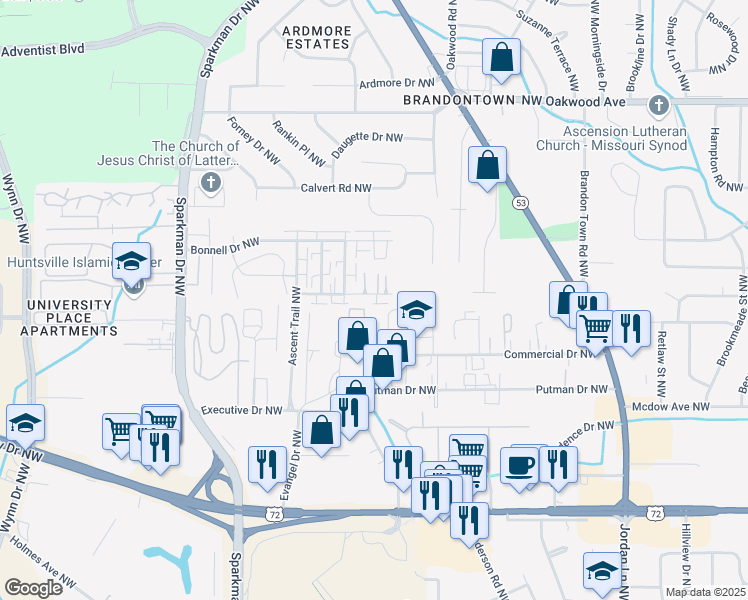 map of restaurants, bars, coffee shops, grocery stores, and more near 4428 Torrance Drive Northwest in Huntsville