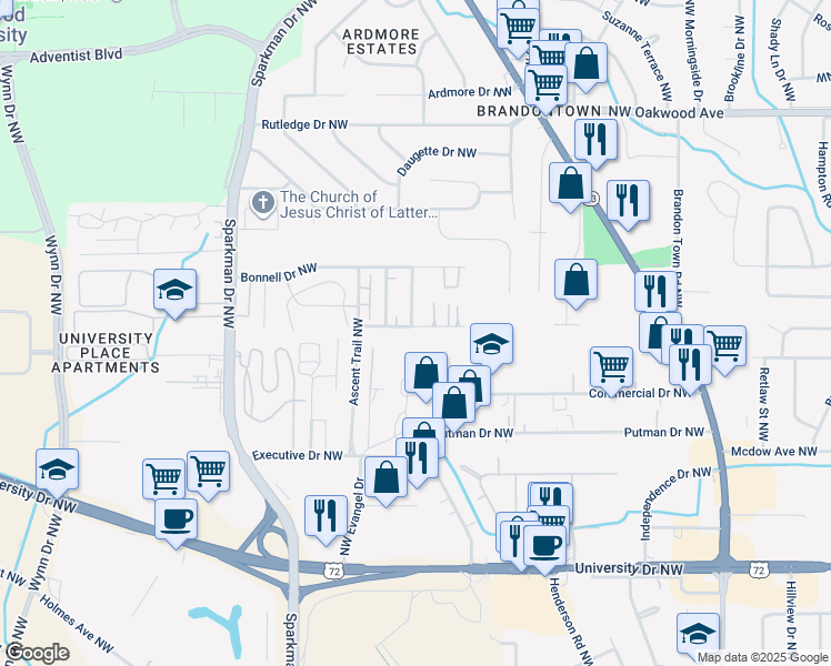 map of restaurants, bars, coffee shops, grocery stores, and more near 4428 Torrance Drive Northwest in Huntsville