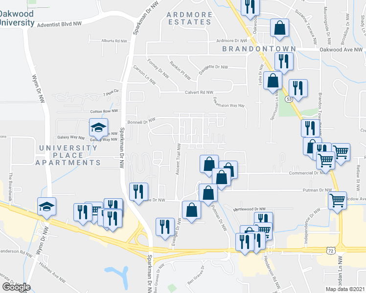 map of restaurants, bars, coffee shops, grocery stores, and more near in Huntsville