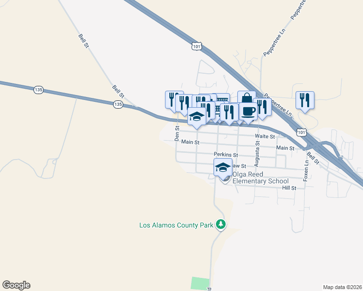 map of restaurants, bars, coffee shops, grocery stores, and more near 220 Main Street in Los Alamos