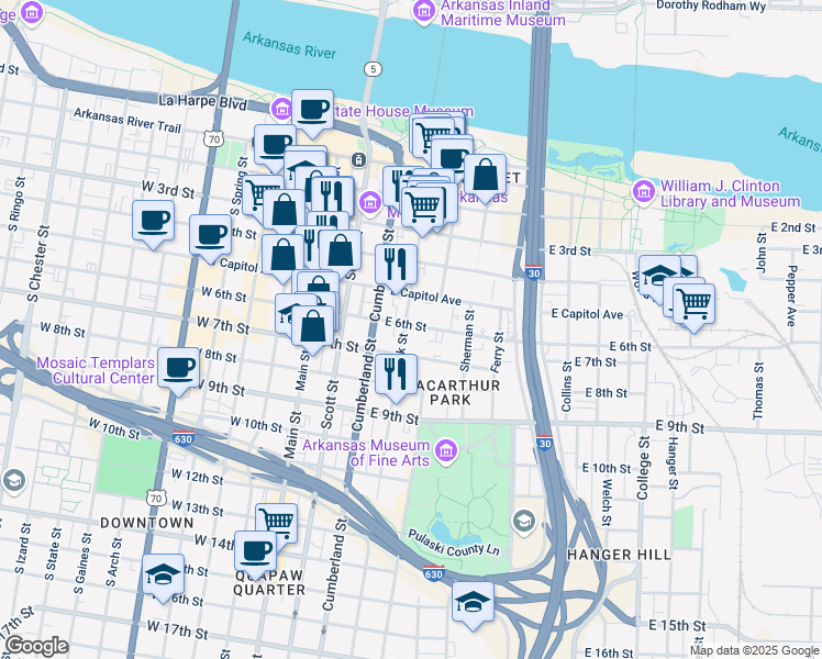 map of restaurants, bars, coffee shops, grocery stores, and more near 601 Rock Street in Little Rock