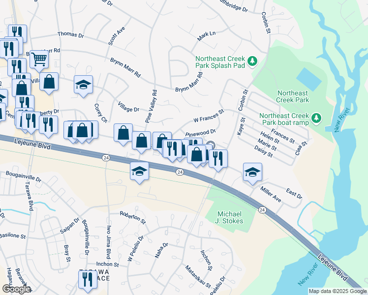 map of restaurants, bars, coffee shops, grocery stores, and more near 132 Cornerstone Drive in Beulaville